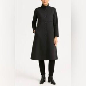 🌺EILEEN FISHER LOMG BLACK WOOL BLEND EMPIRE WAISTED COAT SIZE PETITE SMALL🌺